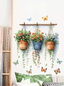 1 pieza Pegatina floral en maceta - Primavera, 3 Pinturas decorativas de flores en cubos, PVC, Autoadhesivo sin necesidad de pegamento, Adecuado para superficies de vidrio, decoración de sala de estar, dormitorio, baño, decoración del hogar - Multicolor - Ver 4