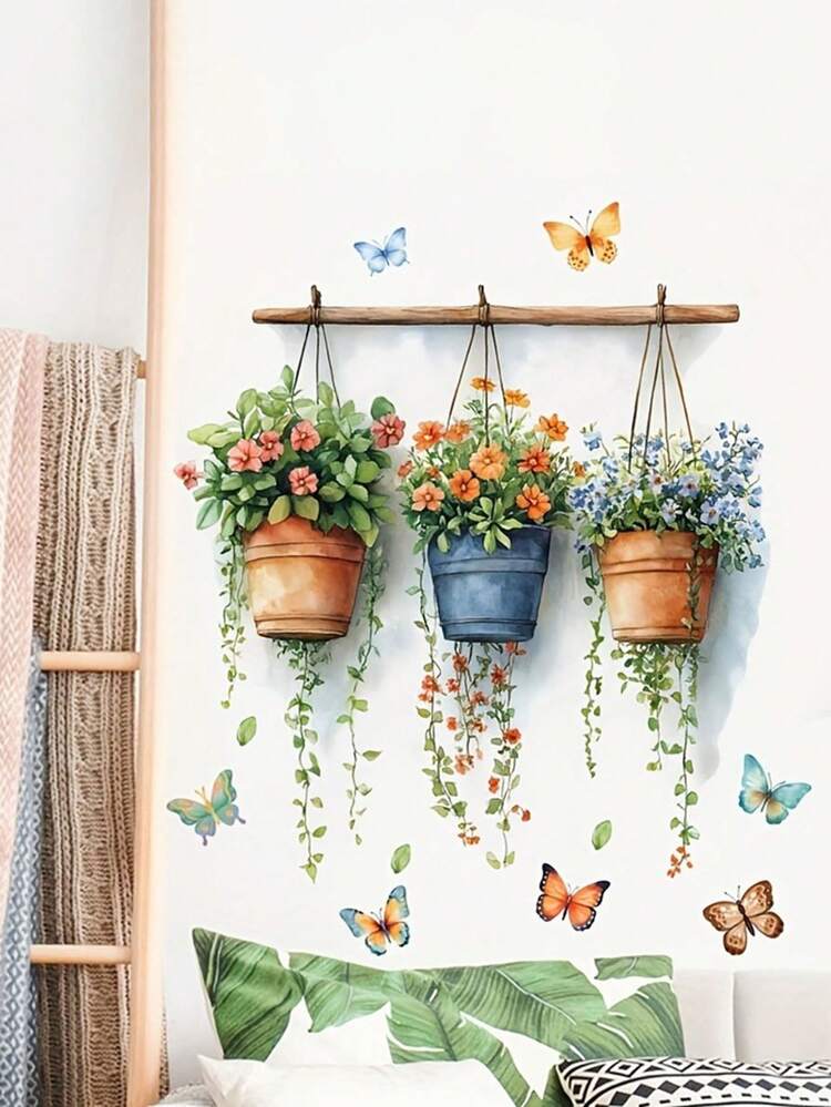 1 pieza Pegatina floral en maceta - Primavera, 3 Pinturas decorativas de flores en cubos, PVC, Autoadhesivo sin necesidad de pegamento, Adecuado para superficies de vidrio, decoración de sala de estar, dormitorio, baño, decoración del hogar - Multicolor - Añade 4