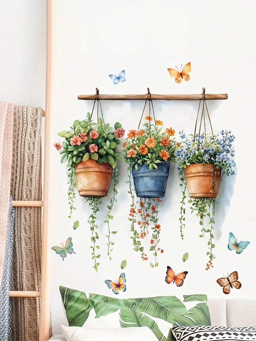 1 buah Stiker Bunga dalam Pot - Musim Semi, Lukisan Dekoratif 3 Bunga dalam Ember, PVC, Perekat Mandiri Tanpa Lem, Cocok untuk Permukaan Kaca, Ruang Tamu, Kamar Tidur, Dekorasi Kamar Mandi, Dekorasi Rumah - MultiWarna - View 1