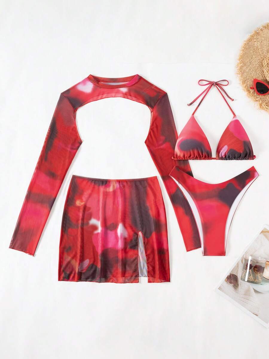 2026 New European & American Style Red Ombre Sexy Elegant Bohemian Casual Lace-Up Backless Halter Neck Vacation Beach Bikini Set With Long Sleeve Top And Half Skirt