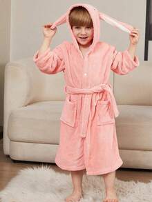 1 pieza Bata De Baño Para Niños De 7 Años, 8 Años,Toalla Bata Para Baño De Niños,Albornoz infantil de felpa de coral con capucha con oreja de conejo de dibujos animados, capa gruesa con bolsillos para niños y niñas - Rosa coral - Ver 5