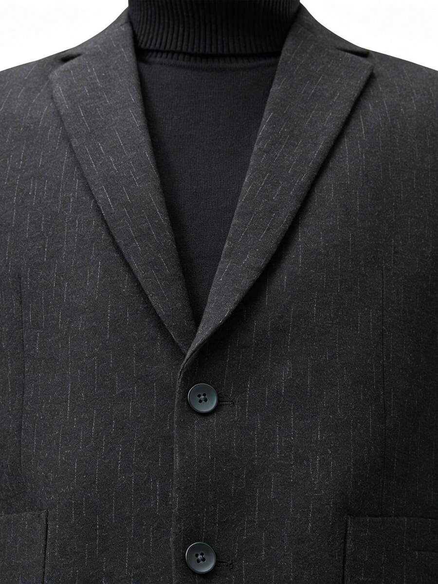 男士修身条纹商务夹克，翻领双扣设计，修身剪裁，适合办公室会议、日常通勤，是提升精致商务休闲装扮的必备单品。 - 黑色 - 查看 1
