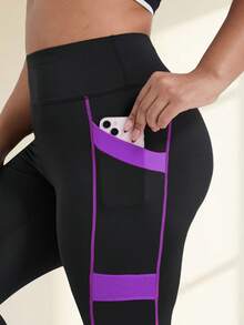 Pantalones de yoga de cintura alta para mujer de talla grande, diseño de color contrastante, bolsillos laterales, mallas ajustadas para correr, entrenamiento, deportes casuales negros de primavera - Negro - Ver 3
