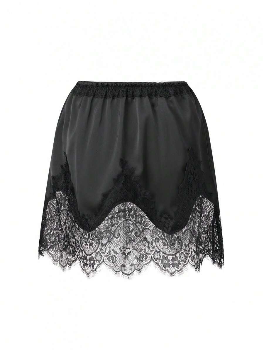 Women Silk Satin Lace Patchwork Half Slips Skirts Fashion Summer Underskirt Low Rise A Line Short Skirts - 黑色 - 查看 1