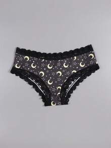 Dircho 5pcs Women's Mysterious Print Lace Trim Panties, Moon & Star Celestial Pattern Mid-Waist Triangle Briefs, Soft Elastic Underwear Set - Multicolor - View 2