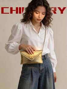 Damen Sommer Gold Clutch Tasche, Metall Kette Schultergurt, Klappe elegante minimalistische Umschlagtasche, neue Umhängetasche, geeignet für Einkaufen, Dates, Pendeln, Handy und Münzen halten, Strandurlaub, Casual elegante Clutch, Abendparty Mini Quadrat Tasche - Gold - Übersicht 4