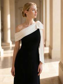 EVERPRETTY 优雅无袖不对称领口长款正式礼服，饰以白色蝴蝶结，适合女性出席各种盛大场合、派对、春季婚礼等。 - 黑與白 - 查看 7