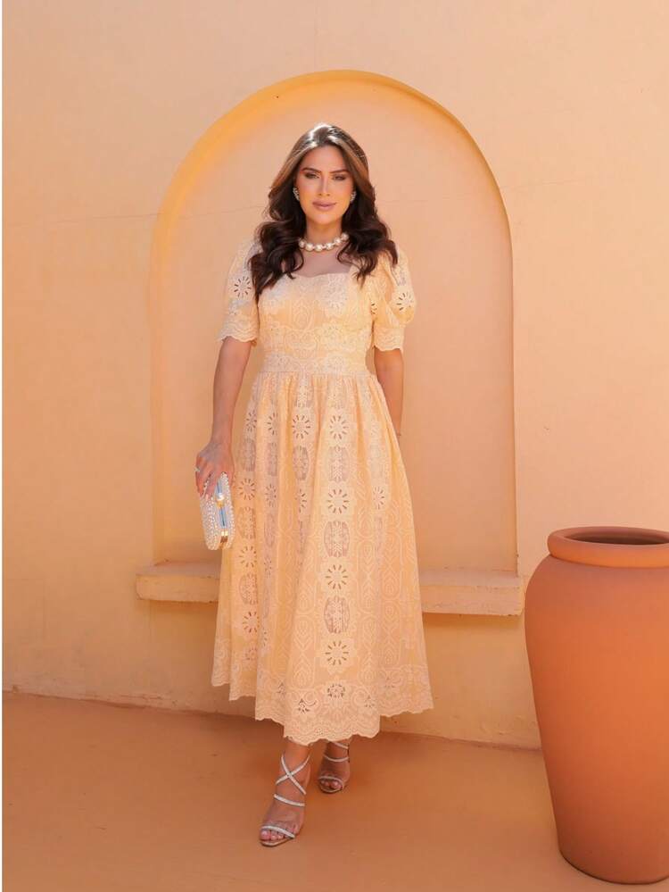 Women's Midi Dress, Elegant Formal Wear, Modest Fashion, Embroidered, For Parties, Weddings, And Bridesmaids. - 黃色 - 查看 5
