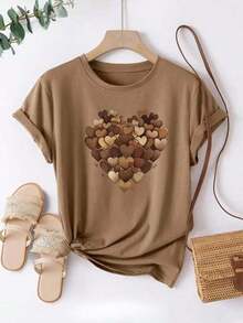 Women's Premium Knit T-Shirt With Heart Detail And Round Neck, 100% Cotton, Comfortable, Women's Fashion - Rỉ Nâu - Xem 1