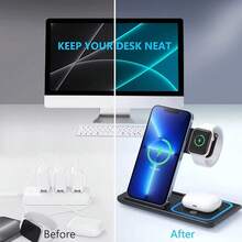 15W LED Fast Wireless Charging Stand, 3-In-1 Foldable Charging Station, Compatible With IPhone 16/15/14/13/12/11A, 9/8/7/6/5A, IPods Pro - Black - View 8