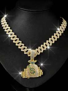 1 Set Fully Rhinestone Money Bag Pendant 15mm Diamond Cuban Link Necklace Bracelet, Men's Green Dial Watch, Hip Hop Style Men Accessory Set