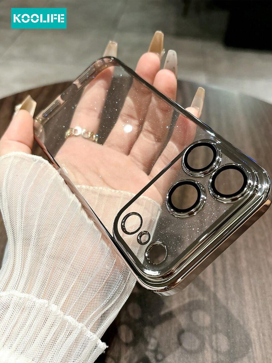 1pc Electroplated Metallic Glossy PC Phone Case, Fashionable Protective Cover With Built-In Lens Protector And Raised Lens Protection, Compatible With IPhone 17/17 Pro/17 Pro Max - Silver - View 1