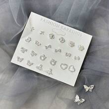 12 Pairs Small Bow & Heart Stud Earrings Set, Fashionable Elegant Versatile, Suitable For Daily Wear, Ideal Gift For Holidays - Silver - View 3