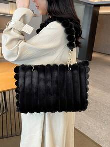 新款蓬松大容量单肩包，时尚大容量通勤包，秋冬季百搭女士腋下包 - 黑色 - 查看 5