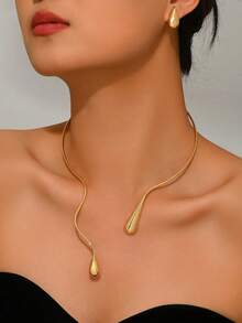 一套时尚几何线条和水滴形开领项链和耳环套装 - 彩色 - 查看 15