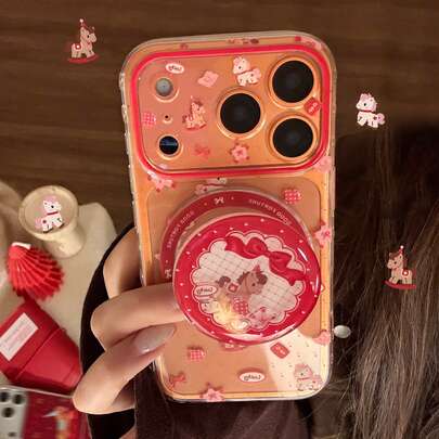 GUCADI 1pc Transparent Magnetic Envelope Wooden Horse Star [Gloss Oil] + Red Saddle Horse Rocking Magnetic Stand Holder Compatible With Iphone 17 Pro Max, 16, 15, 14, 13, Creative, Retro, Geometric, Korean Style, Minimalist, Niche, Ins Style