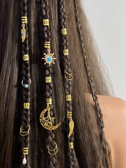 46pcs Bohemian Style Hollow Hair Rings, Star, Moon, Gem, Feather Alloy Pendants, Ramadan Exclusive Hair Accessories, Suitable For Gifts, Birthday, Coming Of Age, New Year, Parties, Daily Wear, Claw Clips, Hair Barrettes, Head Accesssories