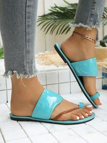 2026 New Turquoise Green Woven Flat Sandals, Glossy Thong Slippers, Minimalist Summer Beach & Daily Comfortable Shoes - Baby Blue - View 5