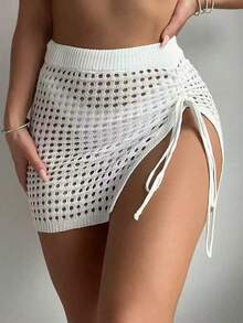 Solid Color Ribbed Hollow Out Drawstring Beach Vacation Skirt White Summer - White - View 13
