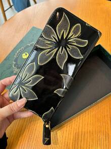 时尚高端复古压花长款女士钱包，优雅皮革雕花手拿包，带手机槽、多卡槽和零钱袋，可爱长款钱包，Fairycore - 黑色 - 查看 4