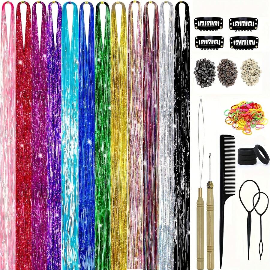 Mixed Color Fairy Hair Accessory Laser Wire Set, 12pcs Equipped With BB Clip, Hair Extension Ring, Hair Puller, Small Comb, Small Rubber Band Tool, 48 Inch Shiny Hair Extension, Suitable For Ladies And Girls' Hair Extensions, Used For Role-Playing, Christmas And Holiday Parties - Multicolor - View 1