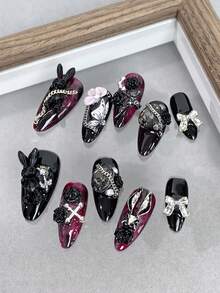 杏仁形黑色辣妹风手工美甲贴，适合日常、派对、聚会和舞会等场合。美甲用品 - 彩色 - 查看 2