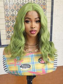 Synthetic Heat-Resistant Wig 4x2 U-Shaped Lace Wig, 16 Inches, Medium Length Curly Hair, Naturally Soft, Olive Green Realistic Wig, Easy To Wear, Synthetic Fiber Material, Heat-Resistant, Naturally Realistic, Suitable For Girls' Gatherings, Role-Playing, And Daily Wear - Olive Green - View 2