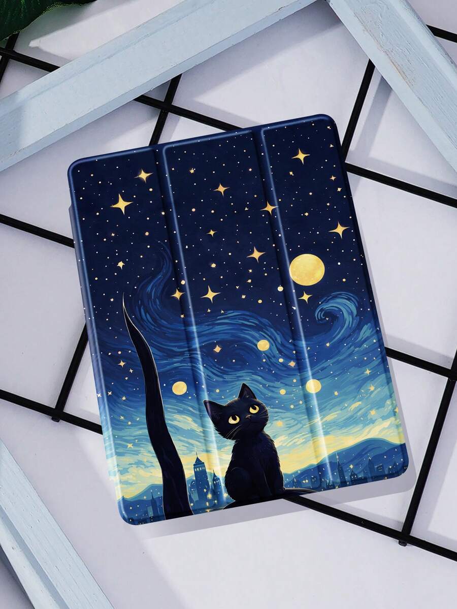 1个蓝色星空小猫图案平板电脑保护套，三折支架保护壳，兼容iPad 10.2英寸、iPad Pro 2021/2020款、iPad (A16) 11英寸（第11代/2025款/第10代）、Galaxy Tab A8 10.5英寸（2022款）、Matepad 10.4英寸/平板电脑，防摔，带笔槽，支持睡眠/唤醒功能，节日礼物 - 彩色 - 查看 1