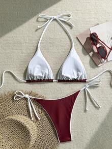 2pcs Women's Leopard Print Spaghetti Strap Tie Sexy Bikini Set, Suitable For Beach Vacation - Burgundy - View 3