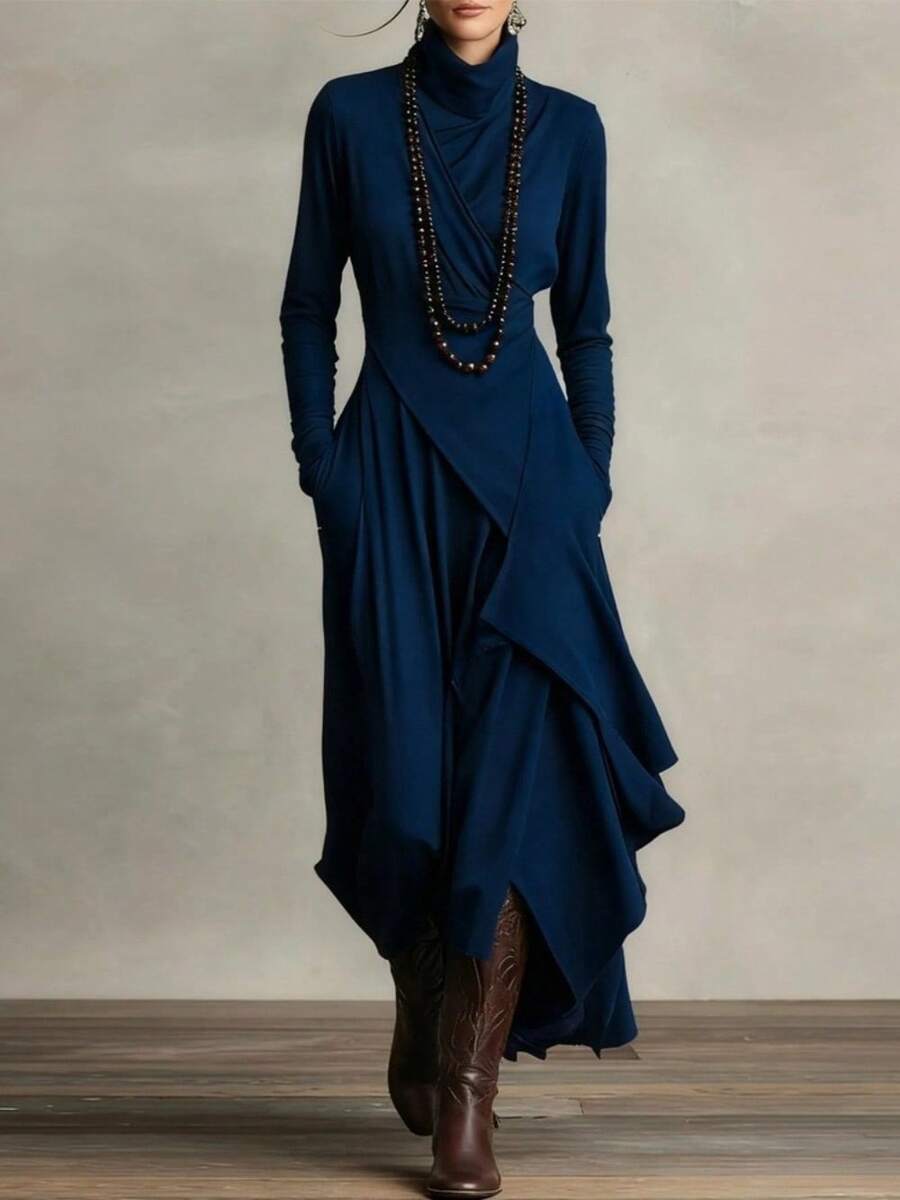 Women's Clothing Autumn And Winter 2026 New Women's Clothing Solid Color Long Sleeve High Neck Exquisite Commuter Travel Dating Cross Irregular Dress - 寶藍色 - 查看 1