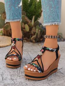 Sandal Wedges Elastis Terbaru Musim Panas 2022, Sandal Platform Bohemian Hak Tinggi Serbaguna yang Cocok Dipadukan dengan Gaun - Hitam - View 3
