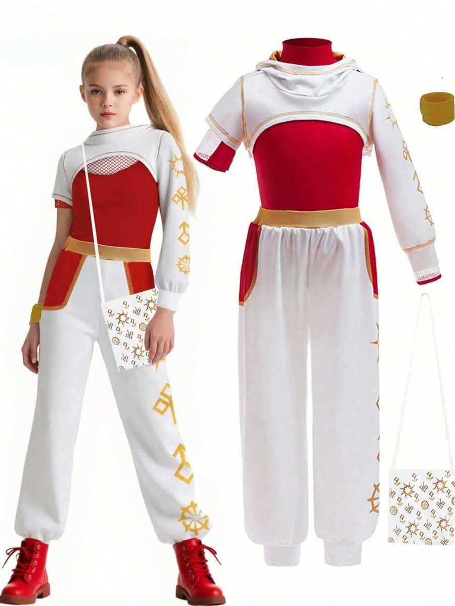 3pcs Carnival/Easter Costume Set: Asymmetrical Sleeve Star Print Long Jacket + Short Sleeve Top + Pants, With Bracelet & Bag, Party Outfit - Red - View 1