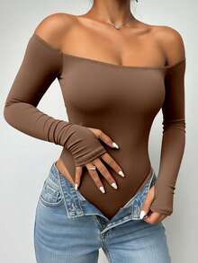 ChicMe Women's Off-Shoulder Fitted Jumpsuit Top, Long Sleeve T-Shirt With Thumb Hole Cuffs, Solid Color Casual Chic Basic Streetwear For Office, Party - Coffee Brown - View 4