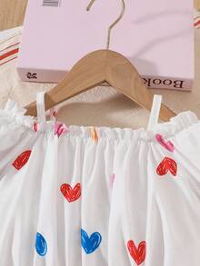 2件套 女童吊带泡泡袖爱心图案上衣 + 卡通印花短裤，春夏款 - 白色 - 查看 3