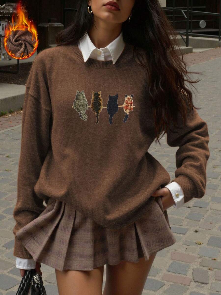 Cat Print Women's Casual Warm Faux Wool Sweater, Warm, Christmas Gift, Chinese New Year, Lunar New Year, Year Of The Horse, Spring Festival, Happy New Year, Valentine's Day, Back To School Clothes, School Outfit Ideas, Back To School Essentials, First Day Of School Outfit, Back To School Outfits 2026 - Brown - View 1