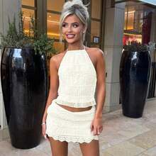 Women's 2 Piece Outfits Smocked Mini Skirt Set Casual Sleeveless Backless Smocked Halter Neck Tie Up Crop Top + Bodycon Short Mini Skirt Set Cocktail Party Beach Dress - 杏色 - 查看 3