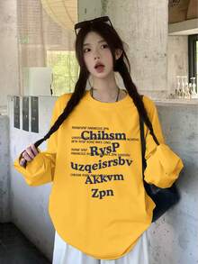 美式休闲字母印花长袖T恤，女士百搭上衣，秋冬季 - 黃色 - 查看 3