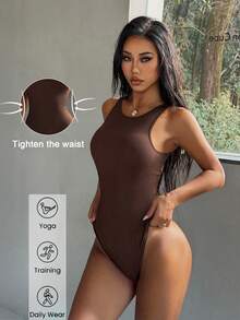 Bộ đồ liền thân thể thao nữ Aoqta mùa xuân/hè, màu trơn, không đường may, không tay, cổ tròn, thích hợp cho tập gym, thể dục, yoga và chạy bộ. - Cà phê nâu - Xem 1