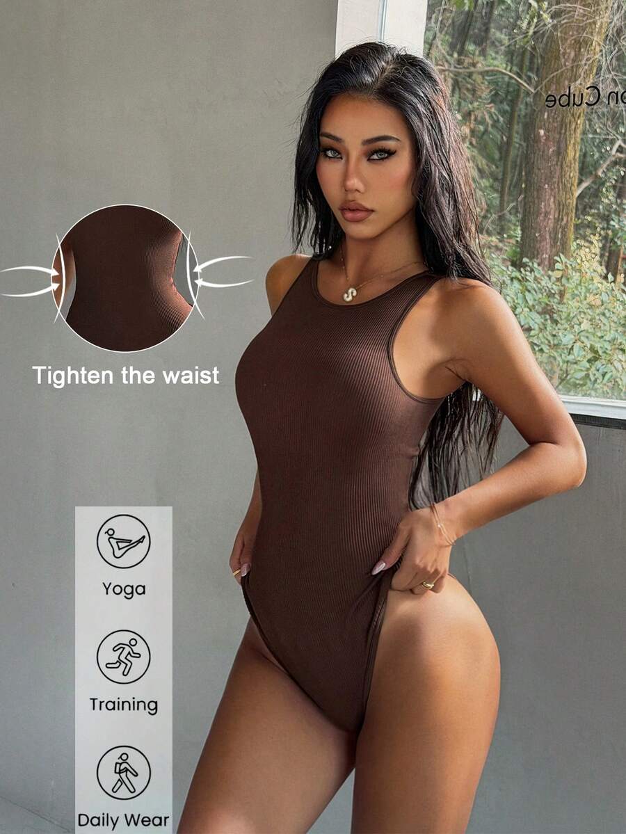 Bộ đồ liền thân thể thao nữ Aoqta mùa xuân/hè, màu trơn, không đường may, không tay, cổ tròn, thích hợp cho tập gym, thể dục, yoga và chạy bộ. - Cà phê nâu - Xem 1