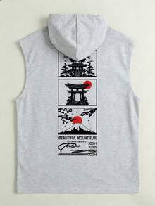 1件印花无袖男士休闲运动连帽背心，夏季 - 灰色 - 查看 3