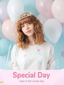 3/1件組女孩生日裝飾套裝，包含1條金色生日女王披肩、1頂金色鑽石生日女王皇冠、1副生日女孩眼鏡，閃亮時尚，適合生日派對禮物與生日派對裝飾 - 彩色 - 查看 2