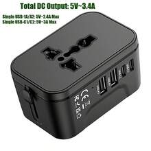 phenomdom 五合一旅行充电器，通用旅行适配器插头，2个Type-C 3A + 2个USB 2.4A快充端口，墙式充电器交流电源插头转换器，适用于美国、欧盟、英国、澳大利亚，USB充电器 - 黑色 - 查看 13