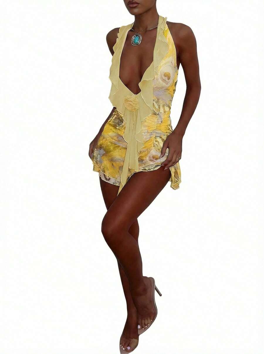 Blazique Abito da spiaggia mini con scollo a V sexy, volant, retro in in rete e stampa floreale, stile moda resort per donne