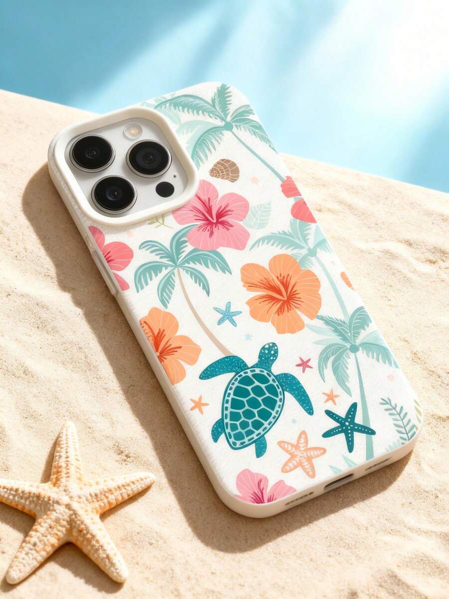 A Macaron Tropical Element Phone Case With Turtle Palm Flower Pattern Print Design, High-Quality And Gentle Summer Style Anti Fall, Dustproof And Waterproof Protective Cover Design, Suitable For IPhone 13/16/17/15/14/13/12/11 - Beige - View 1