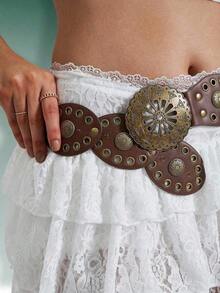 Hershine 1pc Western Cowboy Bohemian Style Country Belt, Women's Fashion Accessory, Retro Bronze Floral Hollow Buckle Oval Belt Waist Chain, Bohemian Style Belt And Dress Accessory Halloween Valentine's Day Valentines - 棕色 - 查看 4