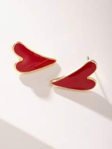 1 par de nuevos pendientes de botón con forma de corazón asimétrica para el Día de San Valentín 2026, pendientes minimalistas y versátiles de moda para mujer, para fiestas y uso diario, regalo de San Valentín - Rojo - Ver 3