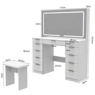 11-Drawer Vanity Table Set With Stool, 3-Color Adjustable LED Mirror, Transparent Glass Top & Built-In USB Socket, Makeup Dressing Desk For Bedroom, Dressing Room (White)
