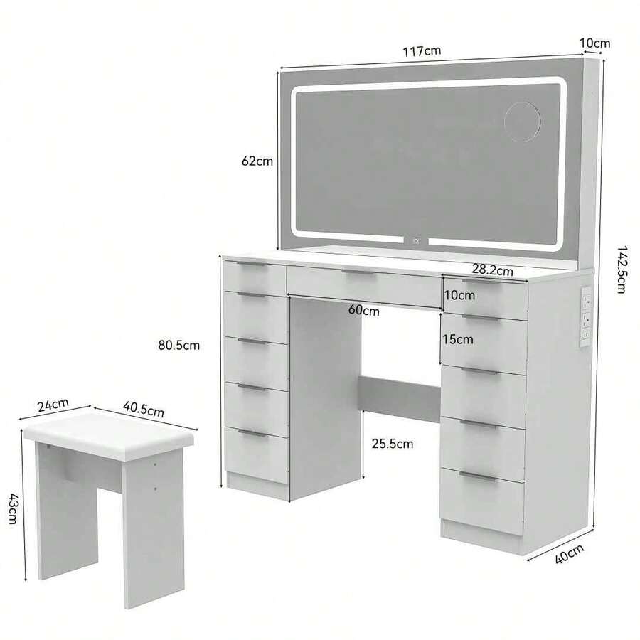 11-Drawer Vanity Table Set With Stool, 3-Color Adjustable LED Mirror, Transparent Glass Top & Built-In USB Socket, Makeup Dressing Desk For Bedroom, Dressing Room (White) - 查看 1