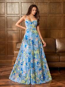 Faeriesty 优雅女士印花连衣裙：采用交叉露背设计，饰以精致印花，配有可调节细肩带、高开衩侧边和修身剪裁——完美适用于新娘写真、花园婚礼宾客、浪漫周年纪念晚餐、目的地婚礼和其他优雅的室内活动。适合派对、度假、春季等场合。 - 藍色 - 查看 7