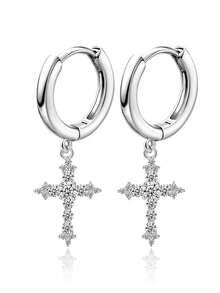 925纯银镶嵌立方氧化锆十字架耳环，低过敏性优雅耳环，适合女性日常佩戴，生日礼物 - 銀色 - 查看 1